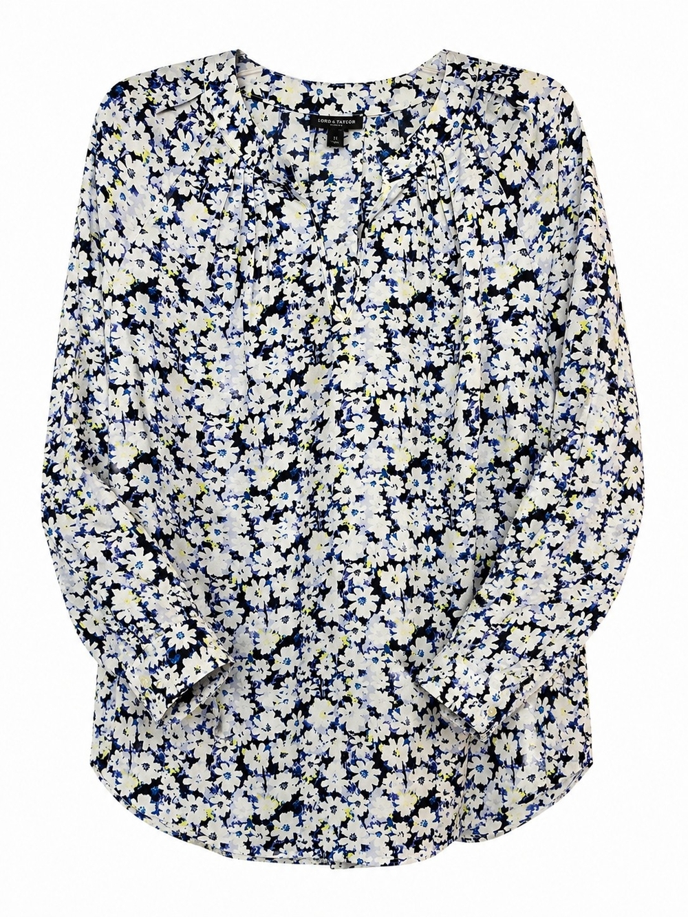 Lord & Taylor Woman 1X Blue White Yellow Floral Roll Tab Sleeve Blouse